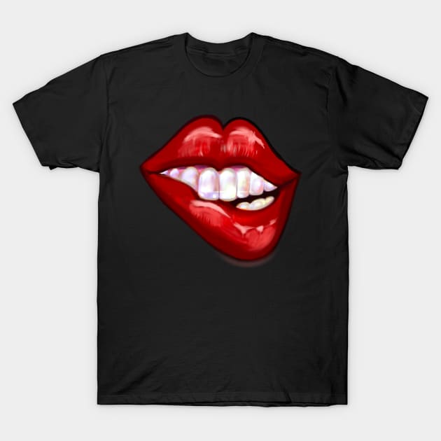 Love Lipstick kisses Kiss Smiling red lips white teeth biting shiny lower lip Valentines day T-Shirt by Artonmytee